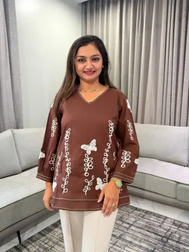 [3314] Chocolate Brown Butterfly & Vine Embroidered Pure Mull Cotton Top