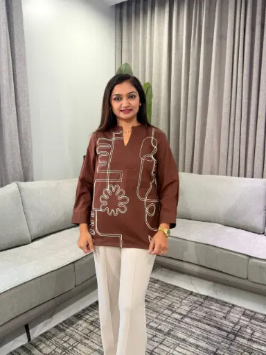 [3316] Chocolate Brown Abstract Embroidered Pure Mull Cotton Top