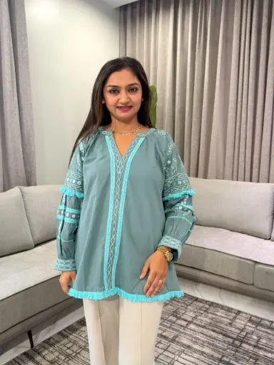 [3319] Sea Green Embroidered Pure Mull Cotton Tassel Top