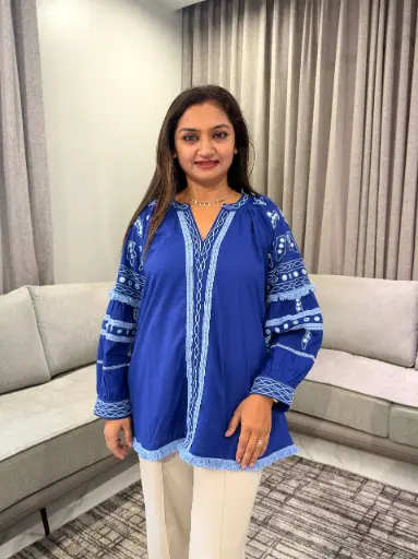 [3320] Royal Blue Embroidered Pure Mull Cotton Tassel Top