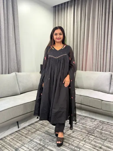 [3325] Black Floral Embroidered Pure Mull Cotton 3-Piece Anarkali Kurta Set