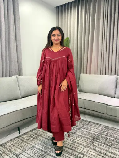 [3326] Maroon Floral Embroidered Pure Mull Cotton 3-Piece Anarkali Kurta Set