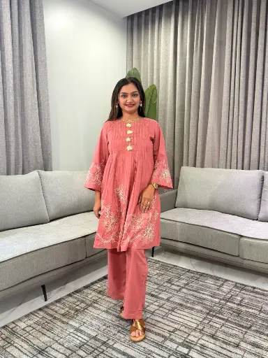 [3333] Pink Floral Embroidered Pure Mull Mull Cotton Co-Ord Set