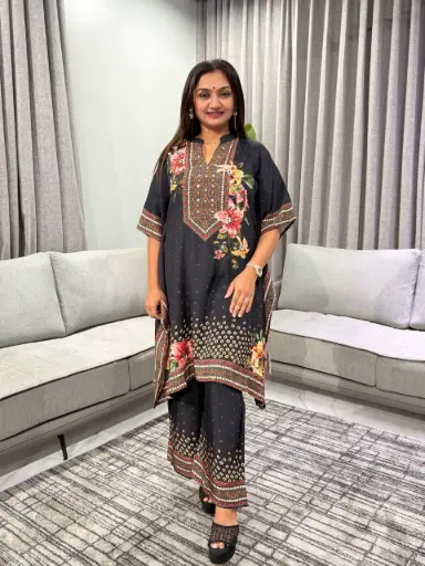 [3359] Premium Black Floral Viscose Lenzing Kaftan Co-ord Set