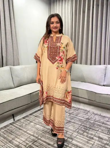 [3360] Beige Floral Print Premium Viscose Lenzing Kaftan Co-ord Set