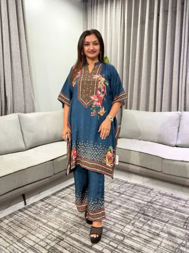 [3361] Teal Blue Floral Print Premium Viscose Lenzing Kaftan Co-ord Set