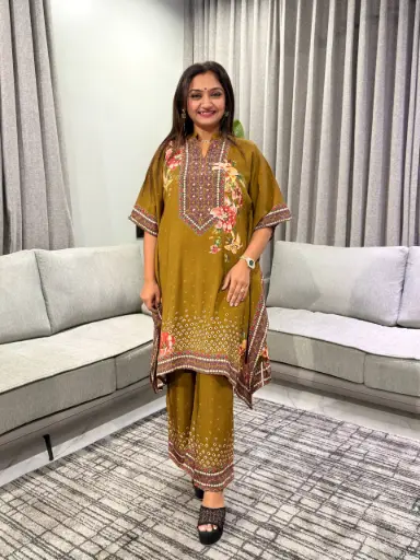 [3362] Olive Brown Floral Print Premium Viscose Lenzing Kaftan Co-ord Set