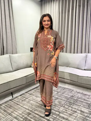 [3363] Mocha Brown Floral Print Premium Viscose Lenzing Kaftan Co-ord Set