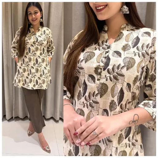 Beige Leaf Cotton Flex Printed Co-Ord Set