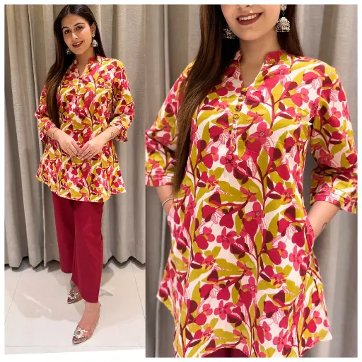 Red & Mustard Floral Cotton Flex Printed Co-Ord Set