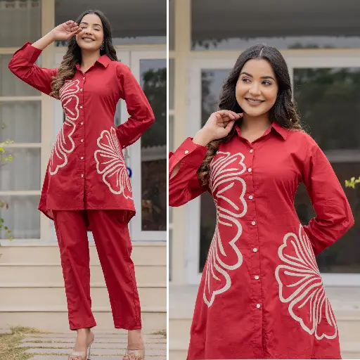 Red Cardinals Cotton Embroidery Half Flower Co-Ord Set