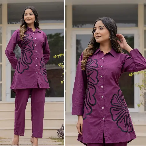 Purple Martin Cotton Embroidery Half Flower Co-Ord Set