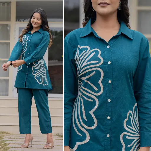 Peacock Blue  Cotton Embroidery Half Flower Co-Ord Set