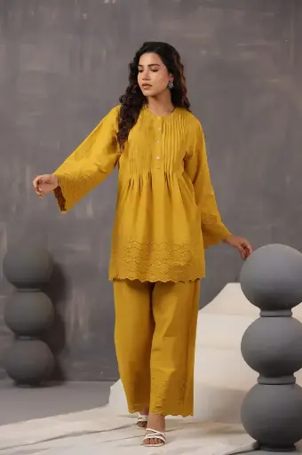 Golden Glow Embroidered Cotton Kurta Set