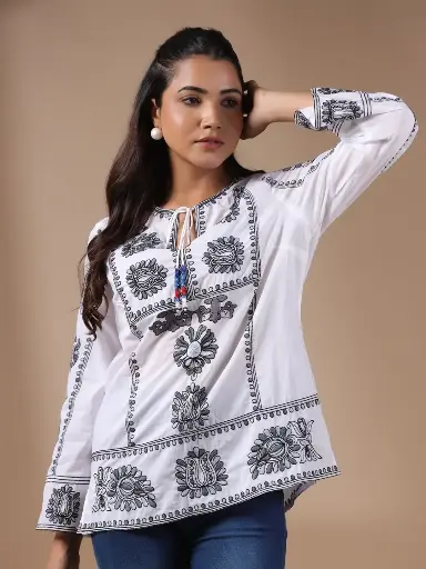 Ethnic Motifs Embroidery Tie-Up Neck Cotton Top