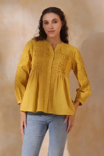 Mustard Cotton Dobby Jacquard Cut Work Shirt