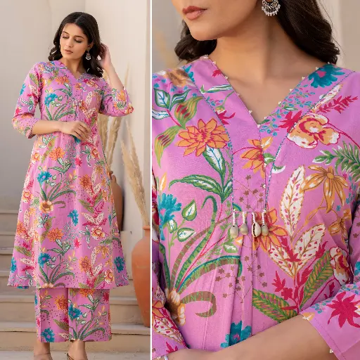 Pink Cotton A-Line Kurti Set with Palazzo