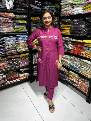 Rani Pink Cotton Elephant Embroidered 2 Piece Pair