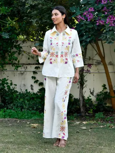 White Cotton Floral Geometric Embroidered Cord Set