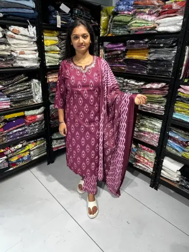 Wine Ikat Grace Cotton 3 Pieces Suit Set